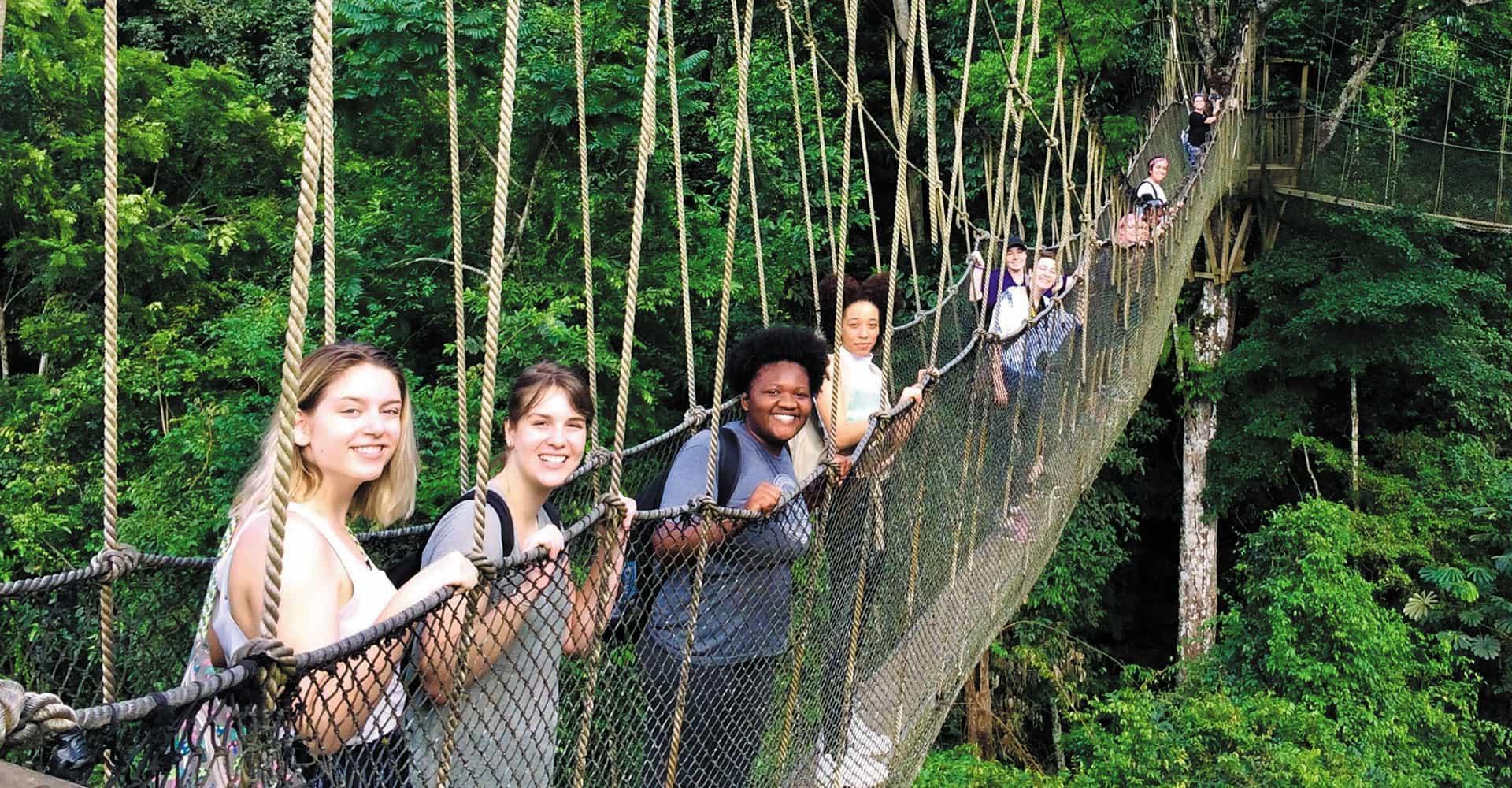 一排阿格尼斯·斯科特峰会的学生站在绳桥上.